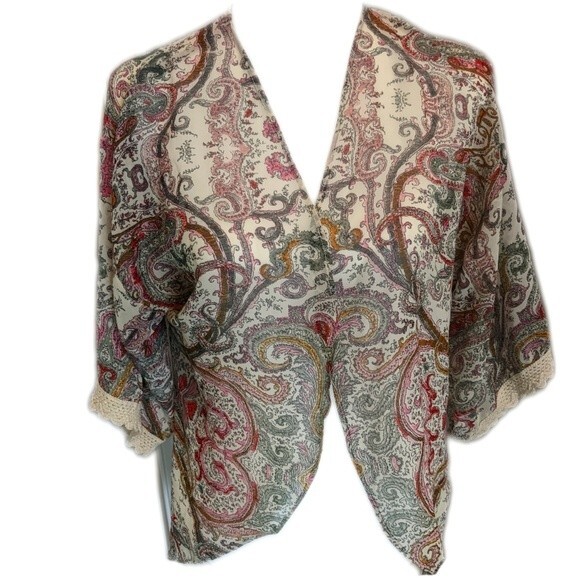 Deb sheer silky polyester boho kimono shawl wrap cardigan w/ crochet S - Picture 1 of 6